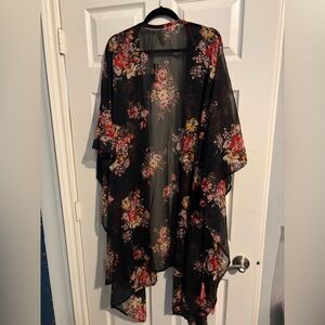 422- Xhilaration Black Floral Sheer Kimono Cover-Up with Pink and Yellow Accents